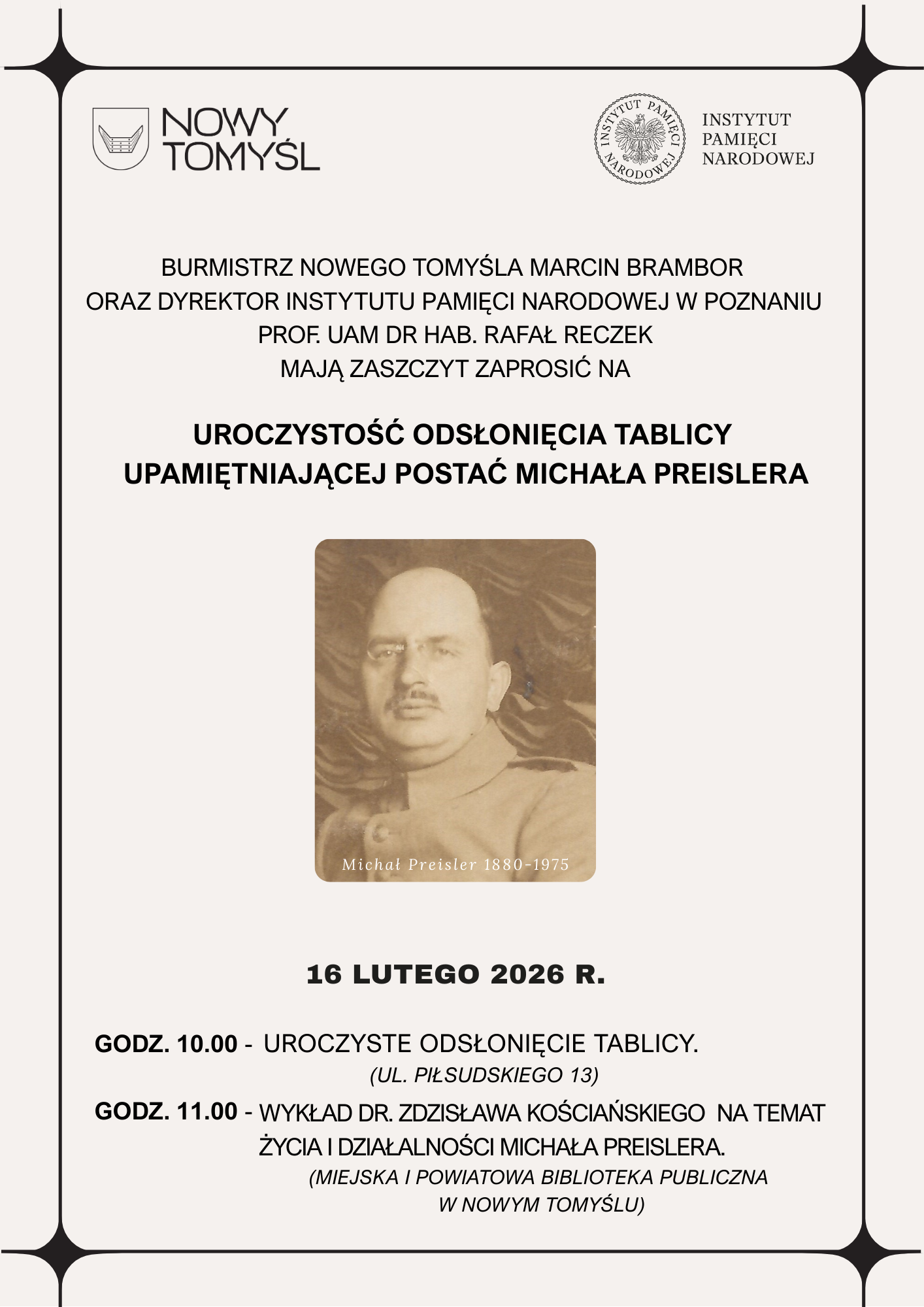 Burmistrz Nowego Tomyśla Marcin Brambor oraz Dyrektor Instytutu Pamięci Narodowej w Poznaniu prof. UAM dr hab. Rafał Reczek mają zaszczyt zaprosić.png