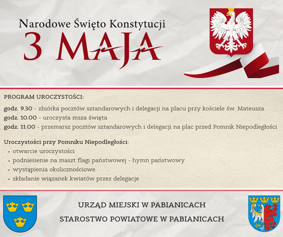 program uroczystości 3 maja 2026 r. godz. 9.30 - zbiórka pocztów sztandarowych i delegacji na placu przy kościele św. mateusza godz. 10.00 - uroczysta msza święta GODZ. 11.oo - przemarsz pocztów s (2).png